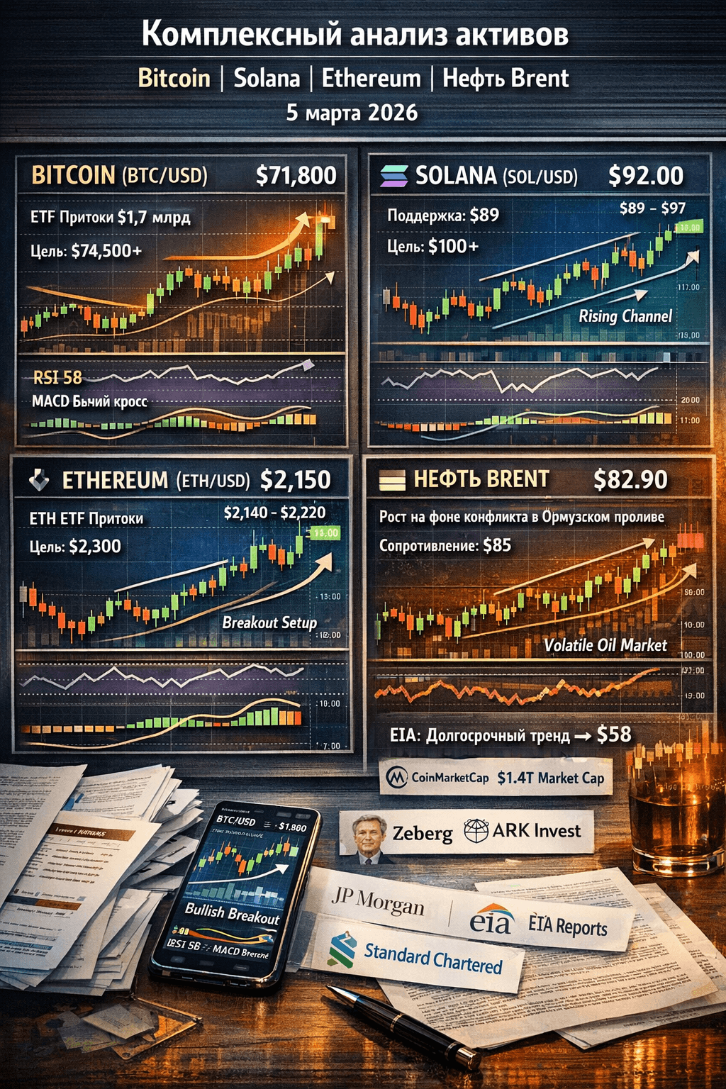 Комплексный анализ активов: Bitcoin, Solana, Ethereum и нефть (Brent) на 5 марта 2026 года