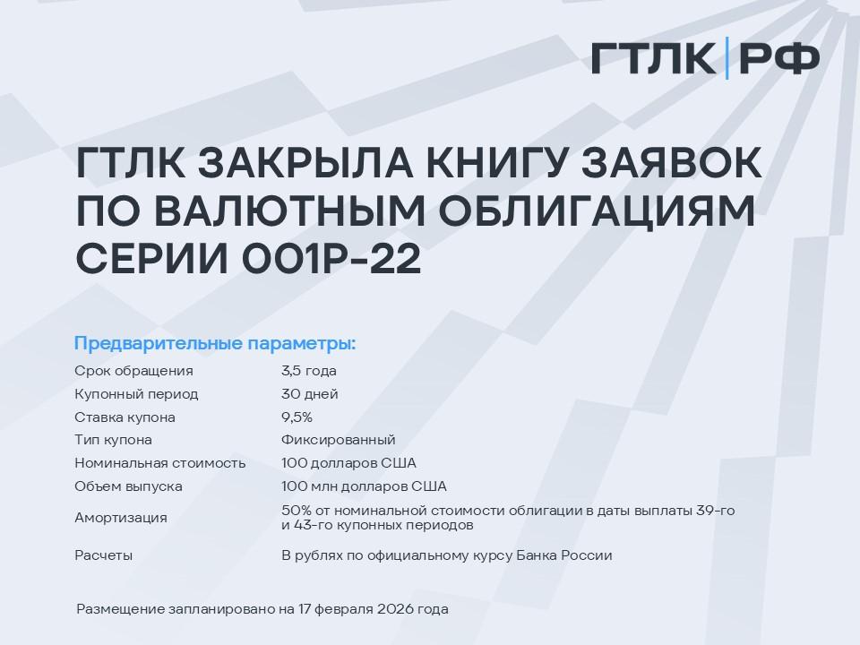 ГТЛК закрыла книгу заявок по размещению валютных облигаций серии 001P-22 в долларах США