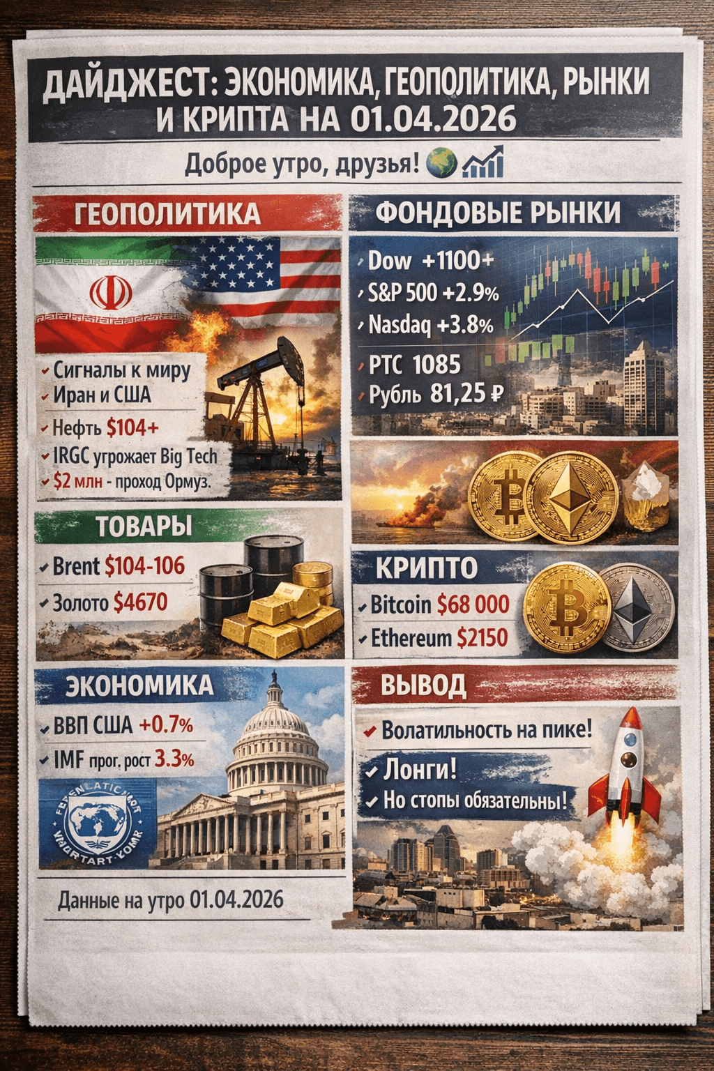Дайджест: Экономика, Геополитика, Рынки и Крипта на 01.04.2026